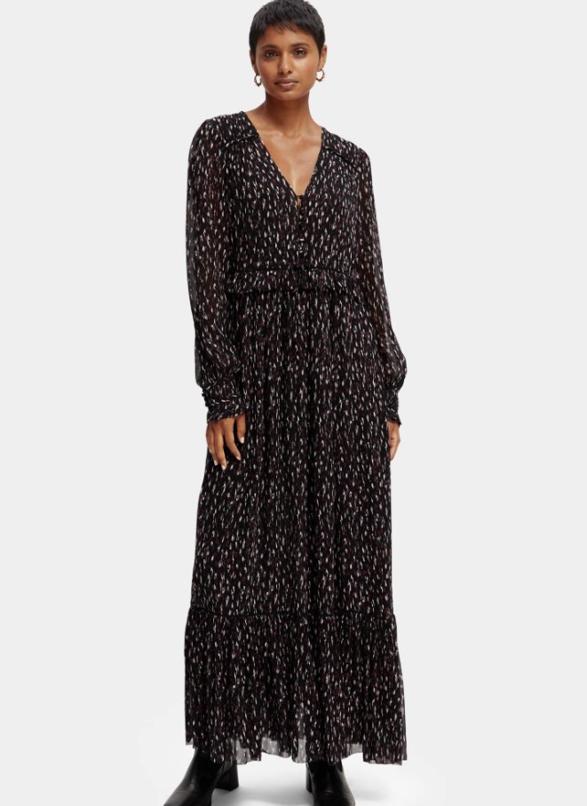 Scotch & Soda Women's Tears Print Maxi Dress Us 8 Black Ruffle Long Sleeve Nwt